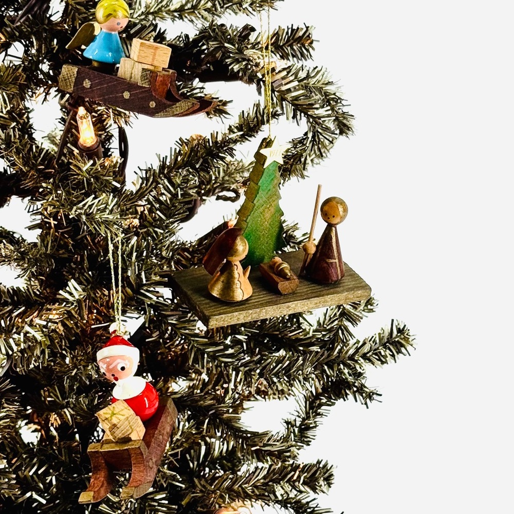 VTG Lot-of-3 Goula Spain Wooden Nativity Scene, Santa/Angel Sleighing Ornaments